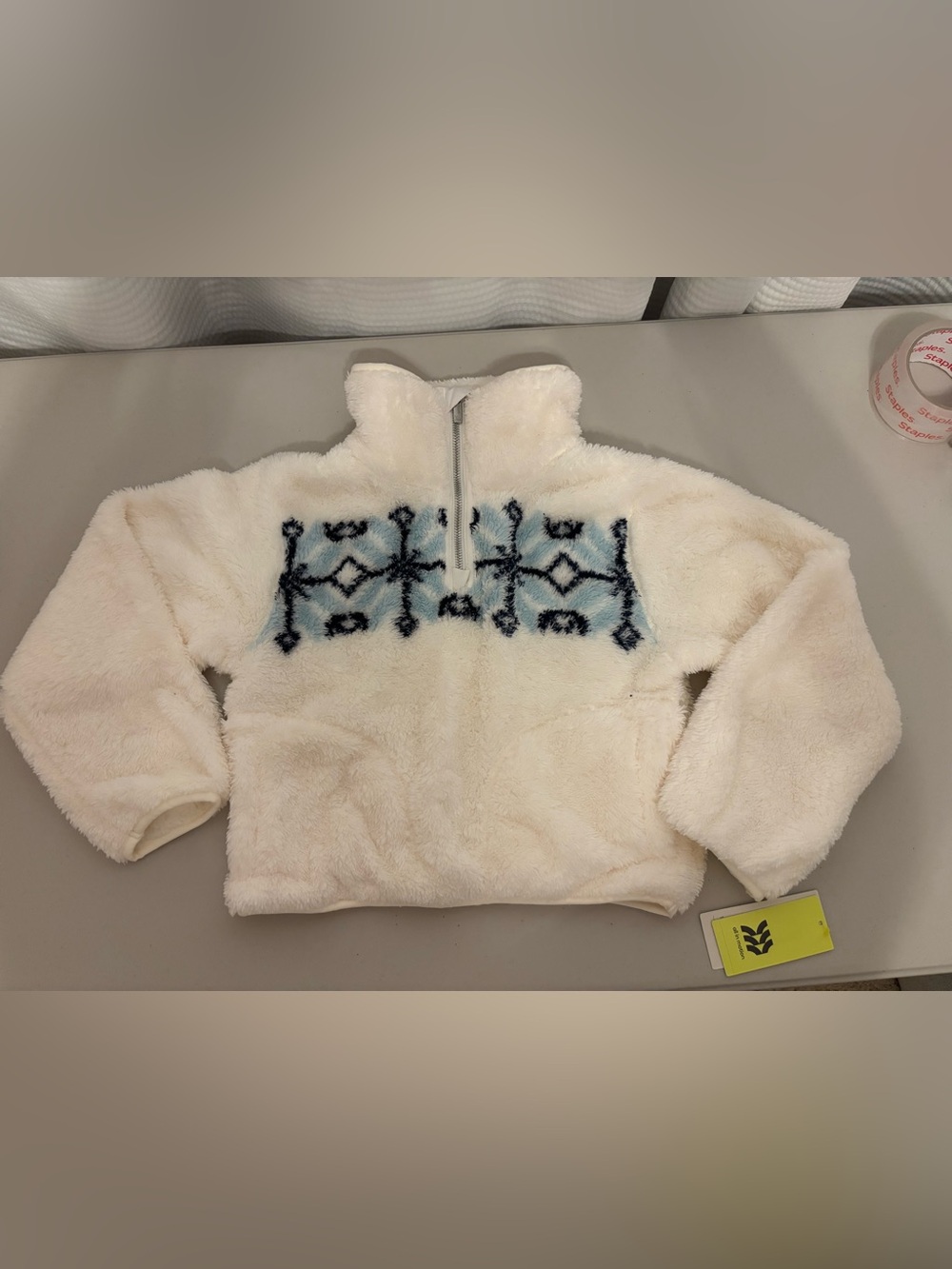 NWT all in motion Cream Fleece Half-Zip Pullover with Blue Pattern